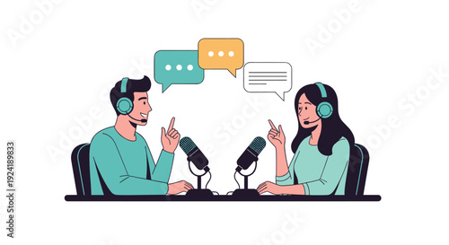 A male and female host with headphones engaged in a lively conversation while recording a podcast or radio show with professional microphones.