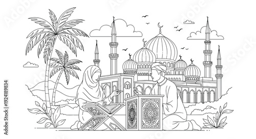 A beautiful line art illustration of a Muslim couple reading the Quran together, with a grand mosque and palm trees in the background.