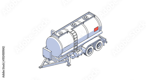 An isometric line art illustration of a large tanker trailer used for transporting liquids such as fuel, water, or chemicals.