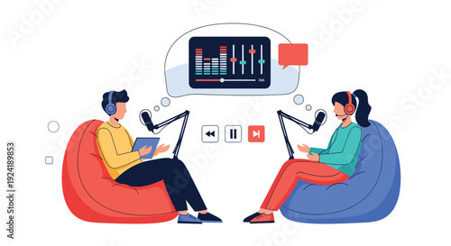 A male and female host comfortably recording a podcast in beanbag chairs, with an audio equalizer and player controls in a speech bubble.