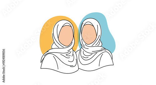 A minimalist line art portrait of two Muslim women wearing hijabs, with abstract colorful shapes in the background representing friendship.