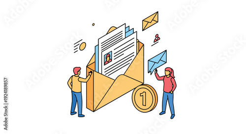 An isometric illustration of job recruitment, with people sending and receiving CVs and resumes by mail, symbolizing the hiring process.