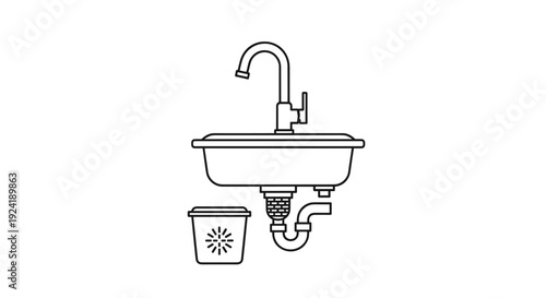 A simple black and white line art illustration of a kitchen sink with a faucet, drain pipes, and an under-sink food waste disposer.