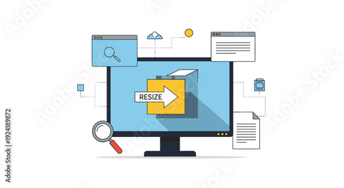 A flat line art illustration of a computer monitor with a folder icon being resized, symbolizing file and image resizing software tools.