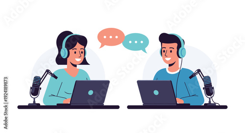Two hosts, a man and woman, engaged in a friendly conversation while broadcasting a live podcast or radio show from their laptops.