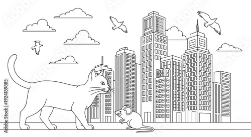 A whimsical black and white line art coloring page of a giant cat and a tiny mouse having a standoff in front of a modern city skyline.