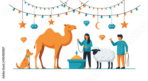 A festive scene of people with a camel, sheep, and dog at a market or celebration like Eid al-Adha, under strings of decorative lights.