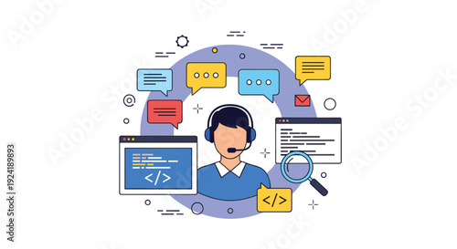 A conceptual icon of a tech support agent or programmer providing customer service, surrounded by code, chat, and search interface elements.
