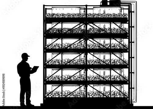 Vertical Farming Hydroponics Silhouette, Sustainable Urban Agriculture and Indoor Grow System CAD Vector Illustration