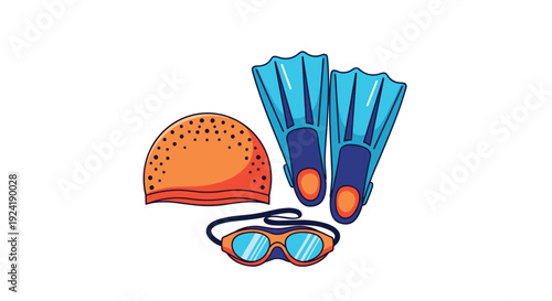 Colorful pixel art illustration of essential swimming equipment including blue flippers, orange cap, and goggles on a clean white background.