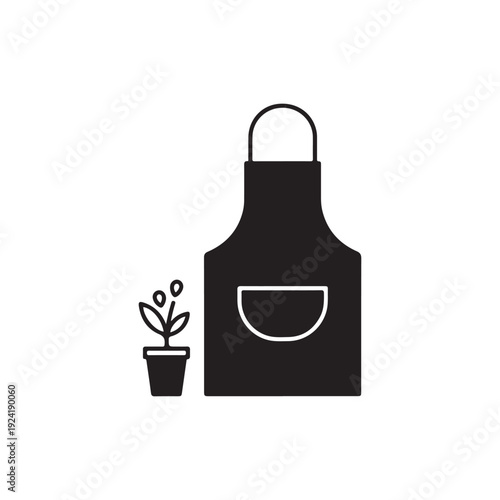 Black apron with pocket and potted plant on white background for gardening or cooking concept