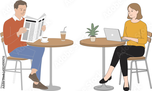 Vector illustration of people in café, one reading newspaper, another working on laptop, casual lifestyle, modern activity, coffee shop artwork design