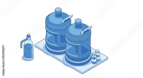 An isometric illustration of a water delivery service concept, showing large cooler jugs, small bottles, and a manual water pump dispenser.