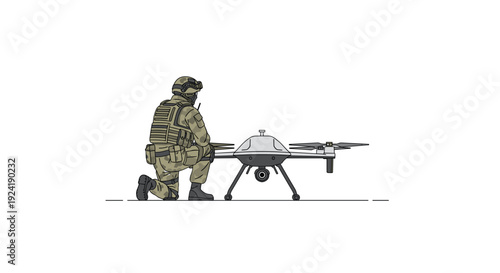 A soldier wearing camouflage military uniform and a helmet kneels beside a grey multirotor surveillance drone on a flat surface against a white background.
