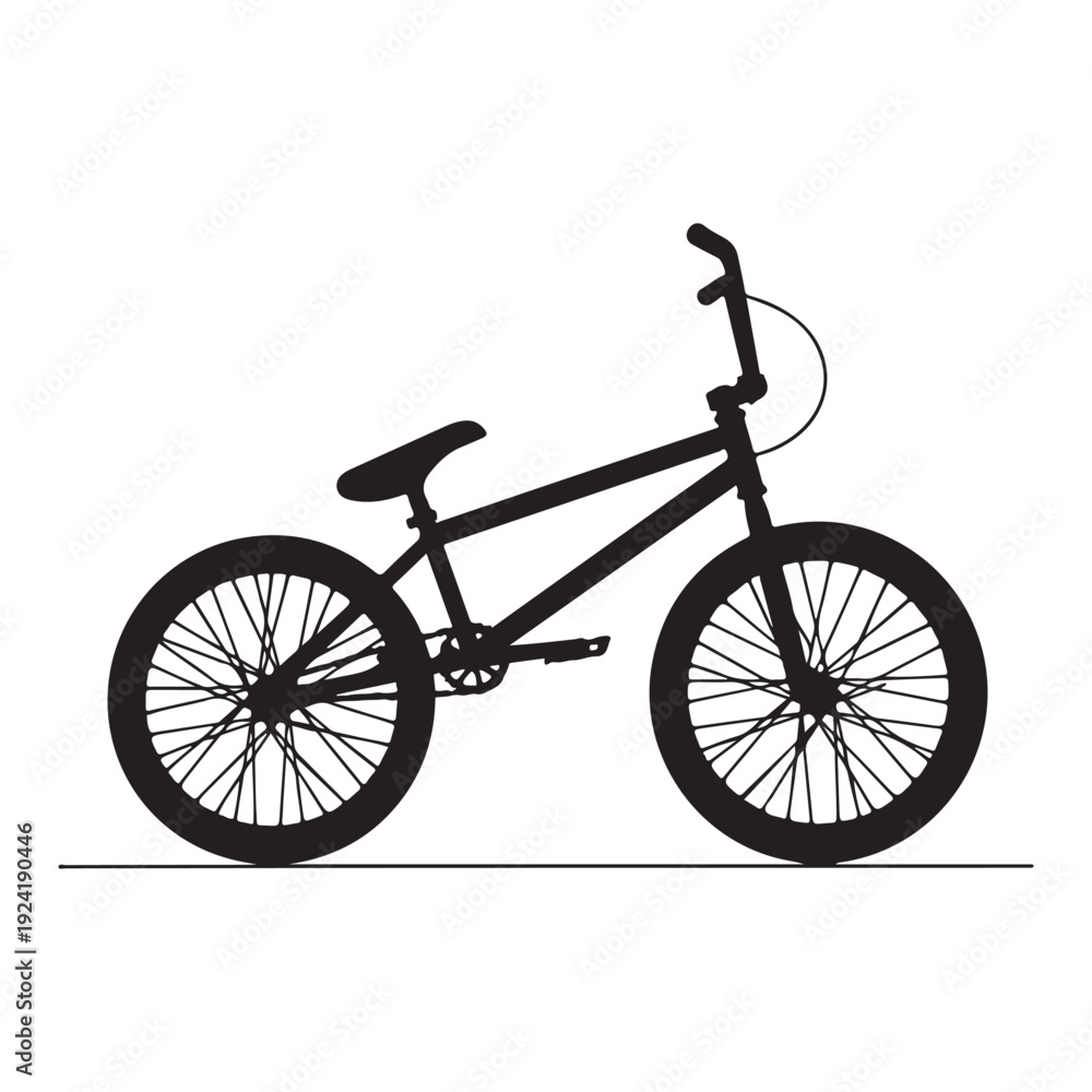 Fototapeta premium Black bicycle silhouette with two wheels and handlebars facing right on white background bike illustration
