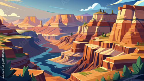 A wide view of the Grand Canyon showing massive canyon cliffs and layered rock formations open natural desert terrain clean minimal vector illustration flat design