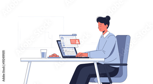 woman sitting at desk working on laptop.
