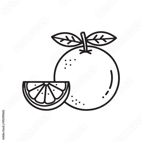 Black line drawing of an orange with leaves and a slice  citrus fruit illustration