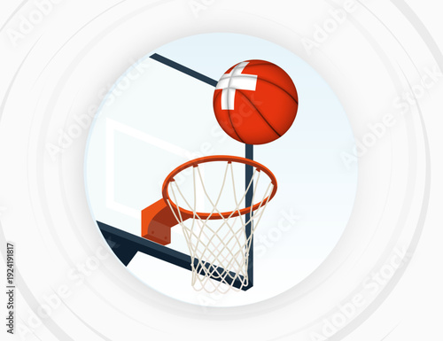 Switzerland Flag Themed Basketball in Motion, Scoring Moment in Basketball Game.