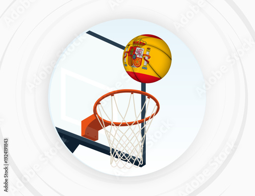Spain Flag Themed Basketball in Motion, Scoring Moment in Basketball Game.