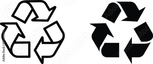 Recycle symbol set with outline and solid black icons isolated on white background for environmental conservation sustainability and waste management