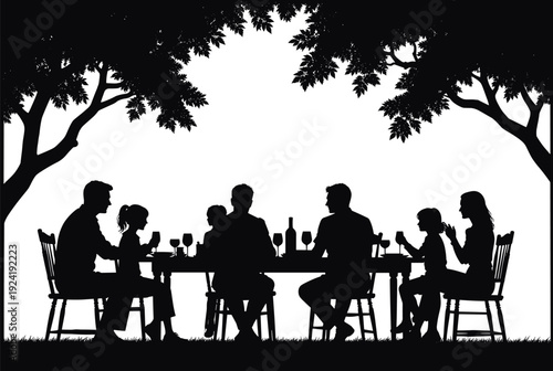 Family Dinner Gathering Silhouette Vector Illustration, Parents and Children Sitting at Table Outdoors Under Trees, Togetherness and Mealtime Concept Isolated on White Background