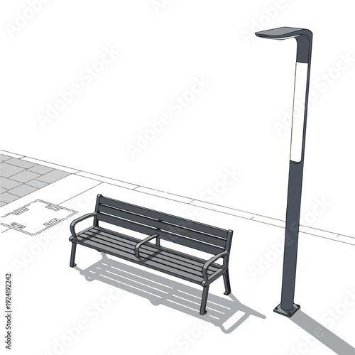 City street bench and lamp post on sidewalk