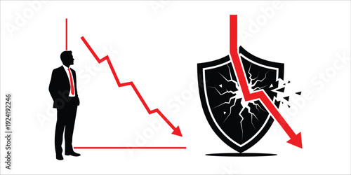 Businessman standing beside a failing shield with declining graph