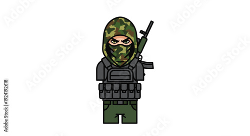 A cartoon soldier wearing a green camouflage hood and mask with a black tactical vest and green pants stands with a rifle over his shoulder on white.
