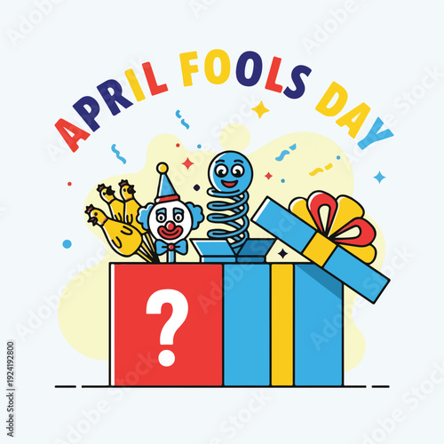 April Fools Day cartoon characters in a gift box