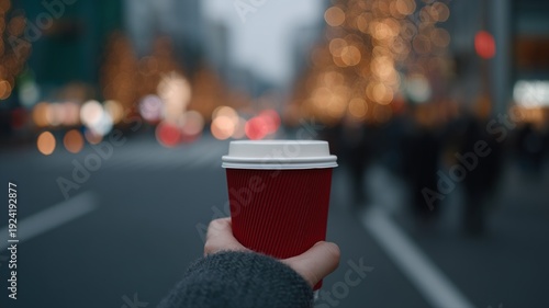 賑やかな東京のカフェで、ボケライトが灯った赤いテイクアウトコーヒーカップを持つ手のクローズアップ