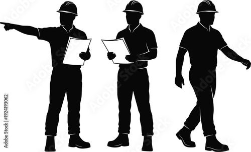 PrintSet of male construction engineer silhouettes wearing hard hats holding documents and pointing