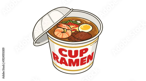 A cartoon illustration of a cup of ramen with shrimp egg and other toppings isolated on a white background