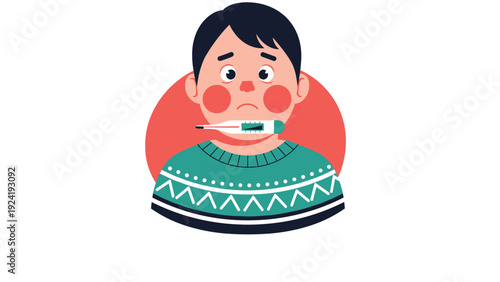 Cartoon boy wearing a green sweater with a thermometer in his mouth looking unwell and feverish against a red circular background graphic.