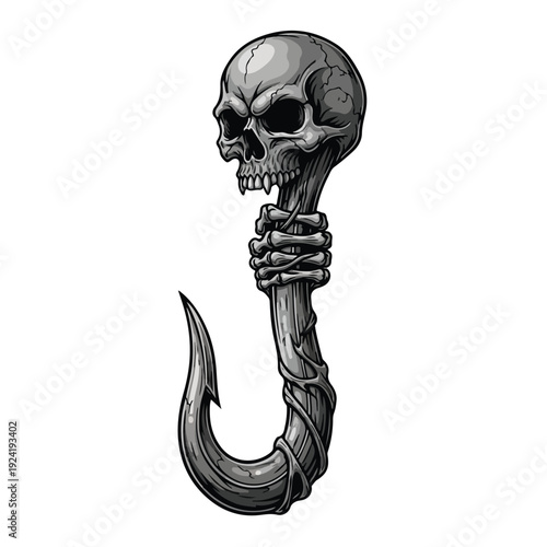 Skull Hand Holding Fishhook Illustration Art.