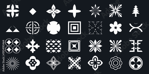 Collection of minimalist white geometric shapes and floral designs on black