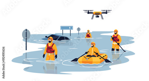Rescue personnel in yellow protective suits and life jackets navigate deep flood waters using an inflatable raft and paddles near a submerged car.