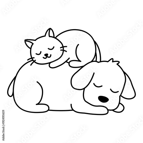 Cat and dog sleeping together in line style. Illustration of a cute cat sleeping on the back of a cute dog in line style. Cute sticker