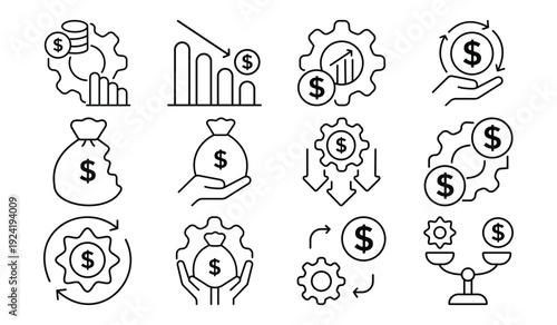 Economic inflation and financial crisis line icon set. Money loss, market crash, budget deficit, and currency devaluation symbols isolated on white background.