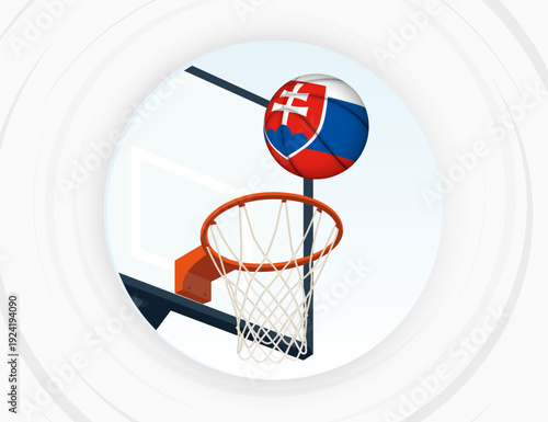 Slovakia Flag Themed Basketball in Motion, Scoring Moment in Basketball Game.