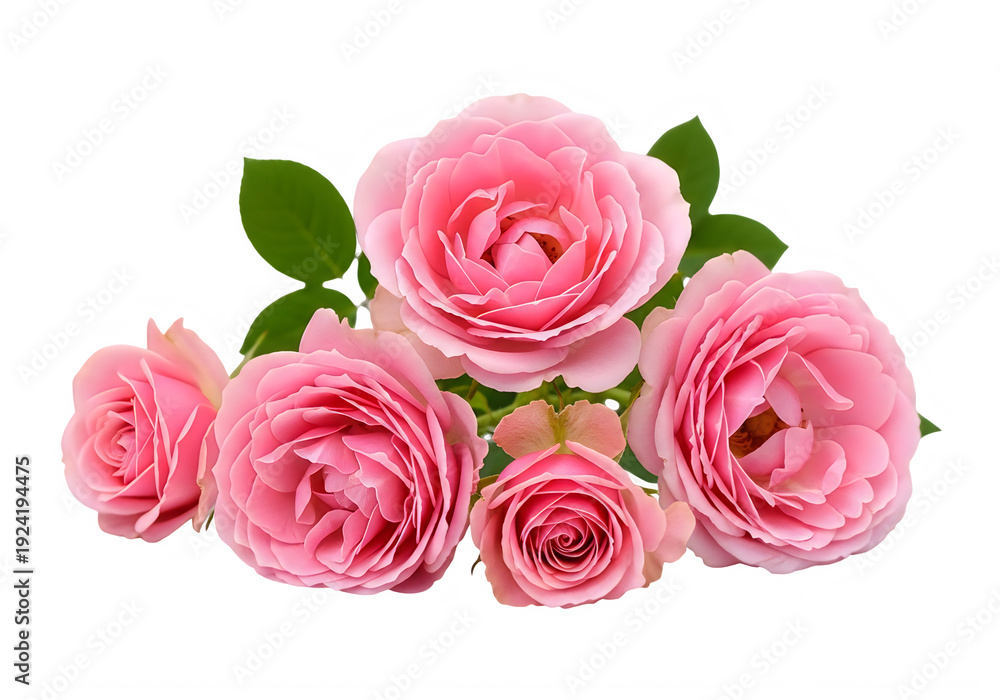 Fototapeta premium Beautiful bouquet of pink roses with green leaves isolated on transparent background