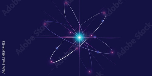 Abstract neon glowing blue Atom nucleus with electrons spinning around it science technology presentation background llustrations Vectors