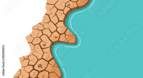 A top down perspective shows a winding turquoise river flowing through a desert landscape characterized by deeply cracked and parched brown earth patterns.