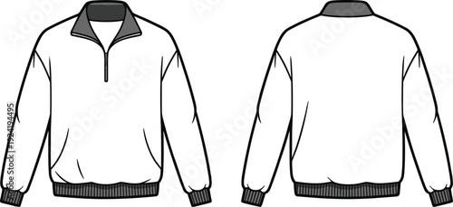 Men's Half Zip Sweatshirt Technical Drawing Illustration Set Featuring Front And Back Views Of A Long Sleeve Pullover For Apparel Design Clothing
