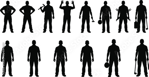 PrintSet of construction worker silhouettes holding tools standing in various poses on white background
