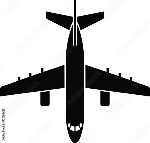 Airplane silhouette top view illustration showing commercial passenger aircraft design, black minimal aviation icon for air travel, transportation, airline industry, and flight concept