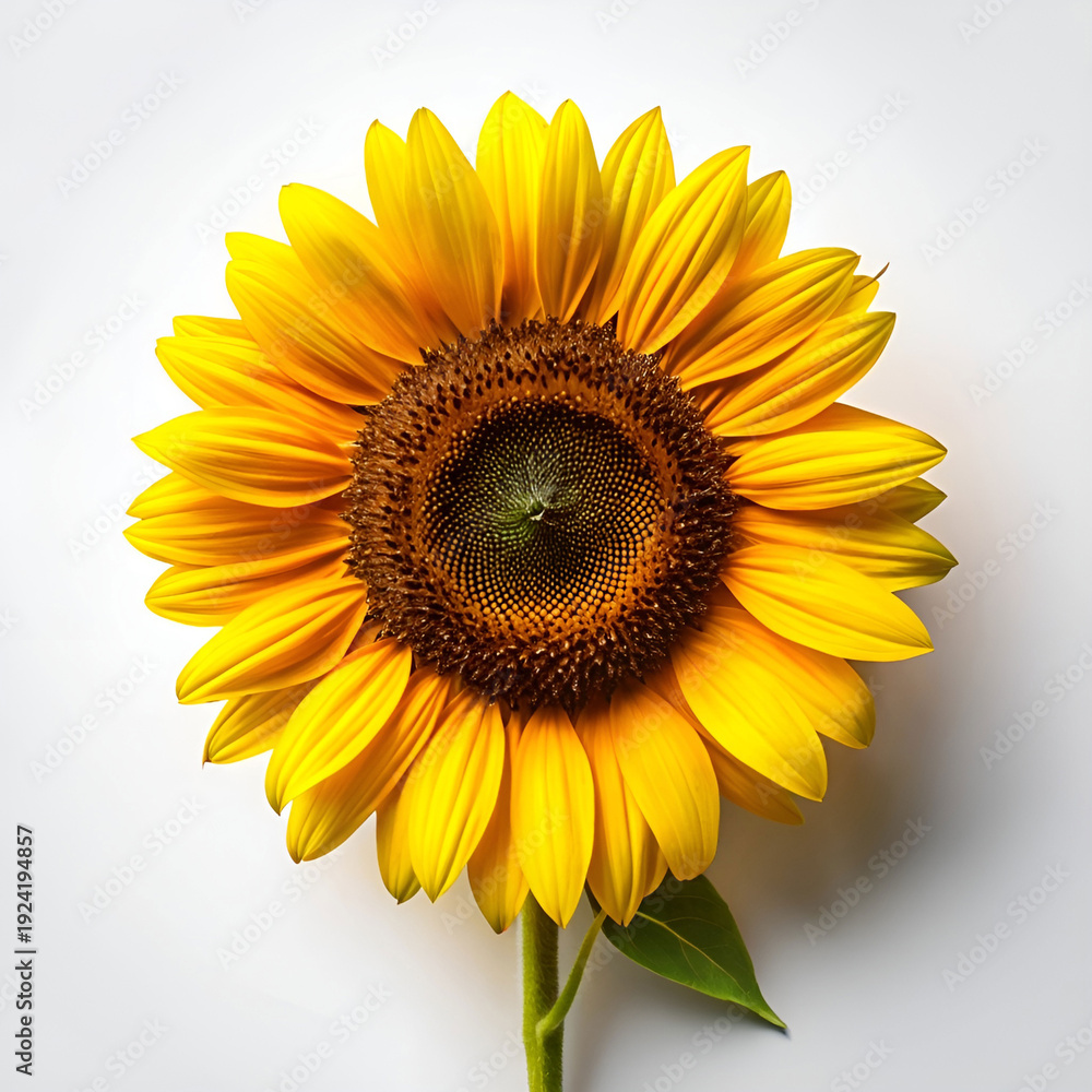 Fototapeta premium Single vibrant sunflower isolated on pure white background, perfect symmetry.