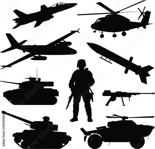 Military silhouettes set featuring soldier, tanks, aircraft, helicopter, missile, armored vehicles, modern warfare equipment illustration in black for defense, army, combat, security concepts