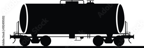 Railway tanker wagon silhouette illustration showing industrial fuel transport on railroad tracks, black and white freight train car design for logistics, oil, gas, transportation concepts