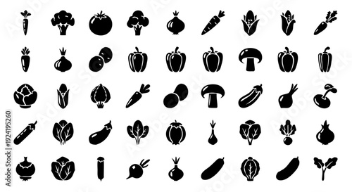 Black Silhouette Vegetable Icon Set – 50 Minimal Vector Vegetable Symbols